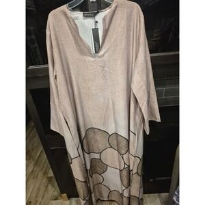 Zanzea Collection Beige Stone Print V Neck Long Sleeve Maxi Dress Plus Size XXL